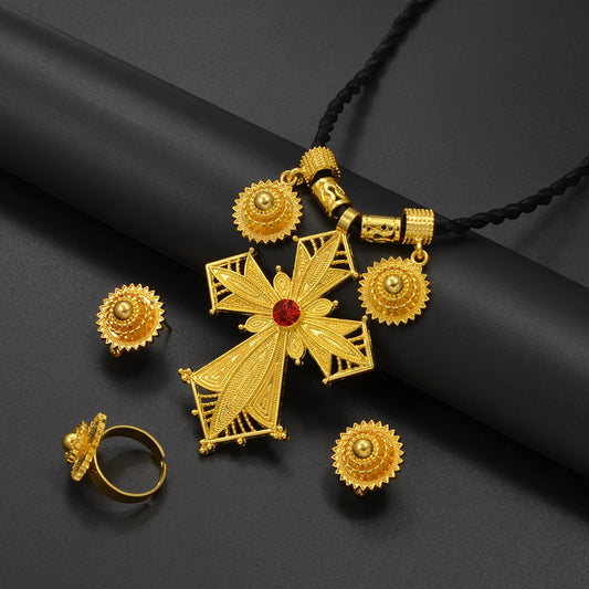 African Cross Necklaces Earrings Ring Jewelry Sets Ethiopian Eritrean Engagement Ornament