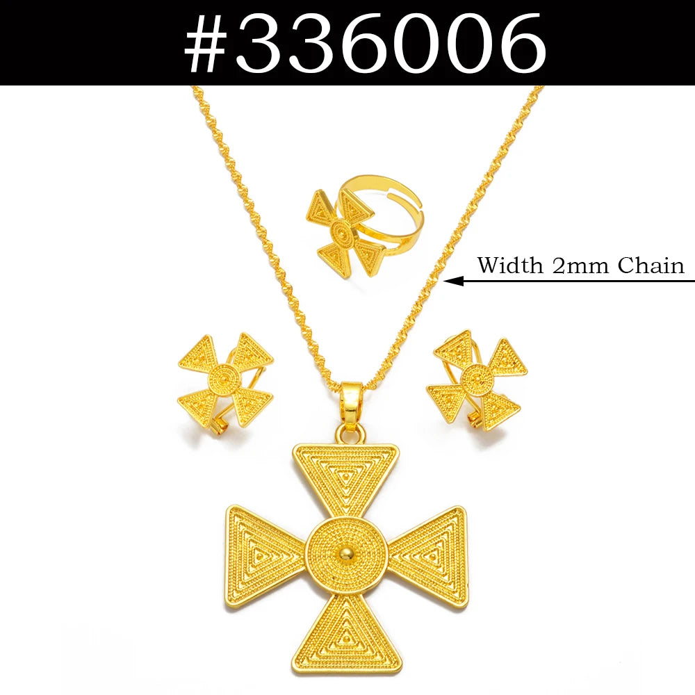 Ethiopian Jewelry Sets for Women Pendant Necklaces Earrings Ring Gold Color Eritrean Ornaments