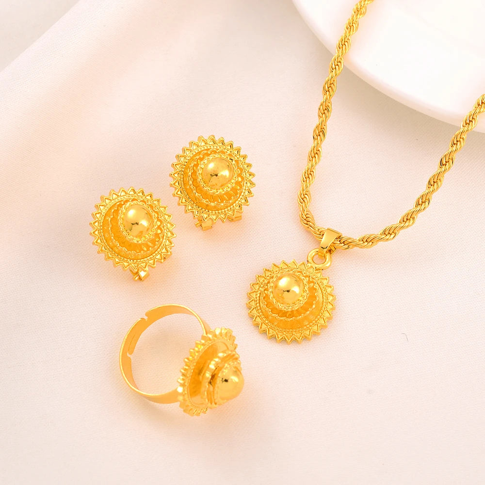 Eritrean Ethiopian Jewelry Pendant Necklaces Earrings Ring Headchain for Women Gold Color African Weeding Productss Gift