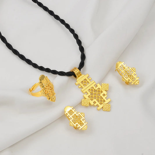Ethiopian New Year Jewelry Sets Cross Necklaces Earrings Rings Eritrean Africa Bridal Christmas Day Party Gifts