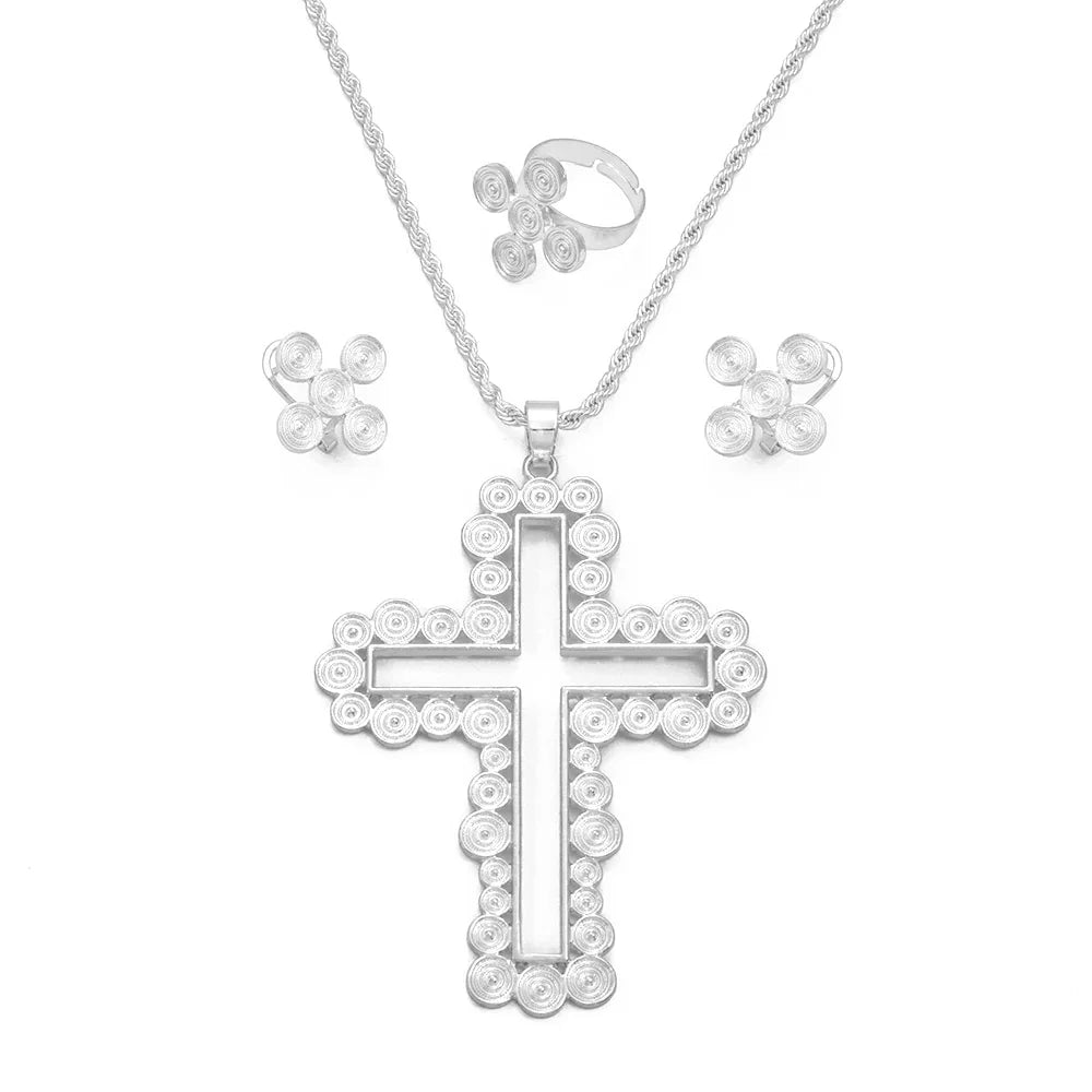 African Ethiopian Eritrean Cross Jewelry Sets Women Gold/Silver Color Pendant Necklaces Earrings Rings Saudi Arabia
