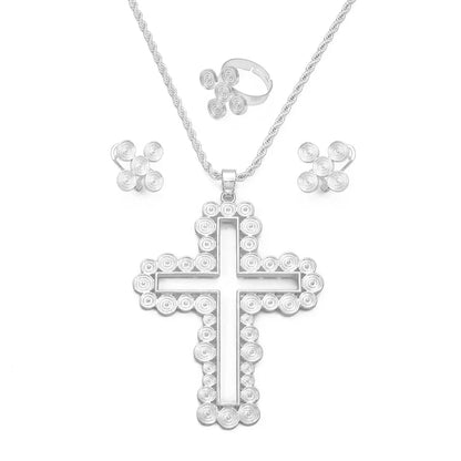 African Ethiopian Eritrean Cross Jewelry Sets Women Gold/Silver Color Pendant Necklaces Earrings Rings Saudi Arabia