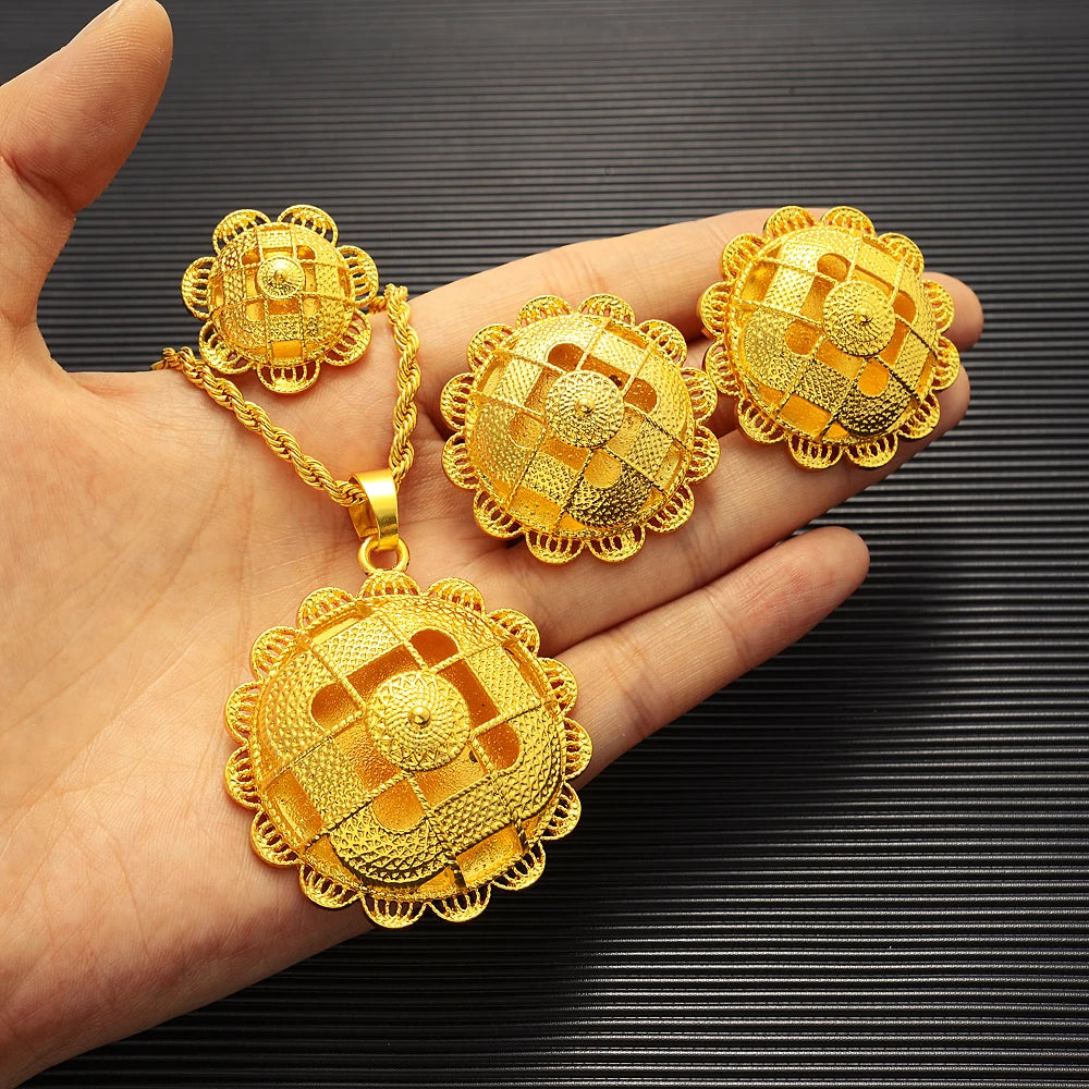 Gold Plated Fashion Ethiopian Earrings/Pendant/Ring Jewelry Sets Gold Plate Bride Wedding Eritrea Set Gift