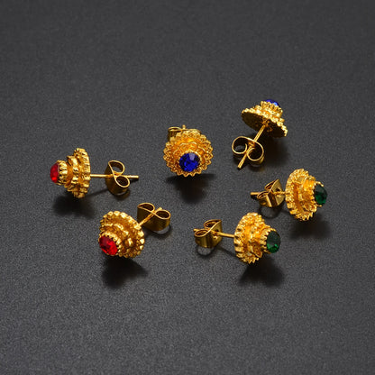 Ethiopian Small Round & Cross Stud Earrings Women  Eritrean Jewelry African Little Ear Studs With Rhinestone