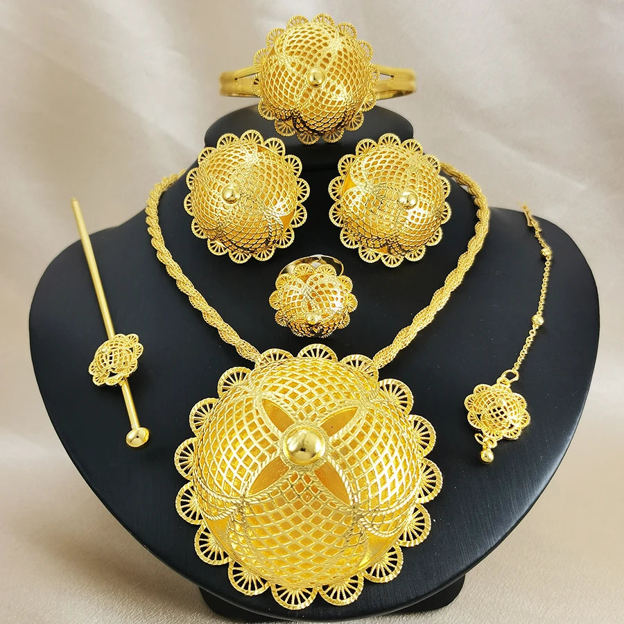 Luxury Gold Plated Filigree Jewelry Set Ethiopian Traditional Bib Necklace Bangle Earrings Ring for Women Wedding Gift