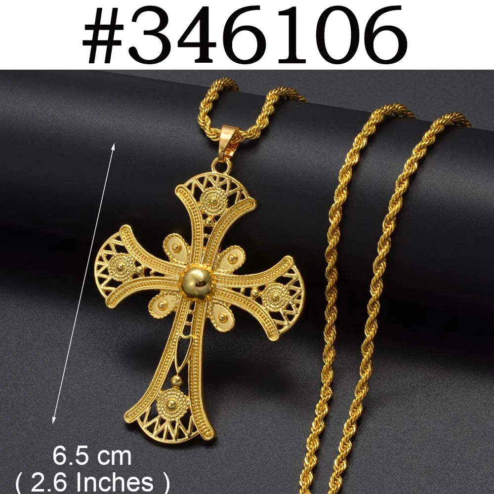 Ethiopian Cross Pendant Necklaces for Women  Gold Color Habesha Eritrean African Ethnic Traditional Jewelry