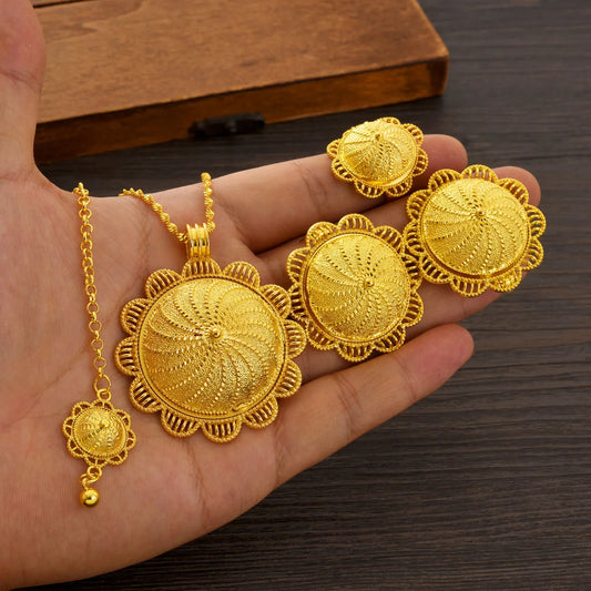 Ethiopian Classic Gold Color Women Jewelry Set Pendan Ring Earrings Bangle Head Chain Hairpin Africa Bridal Wedding Gift