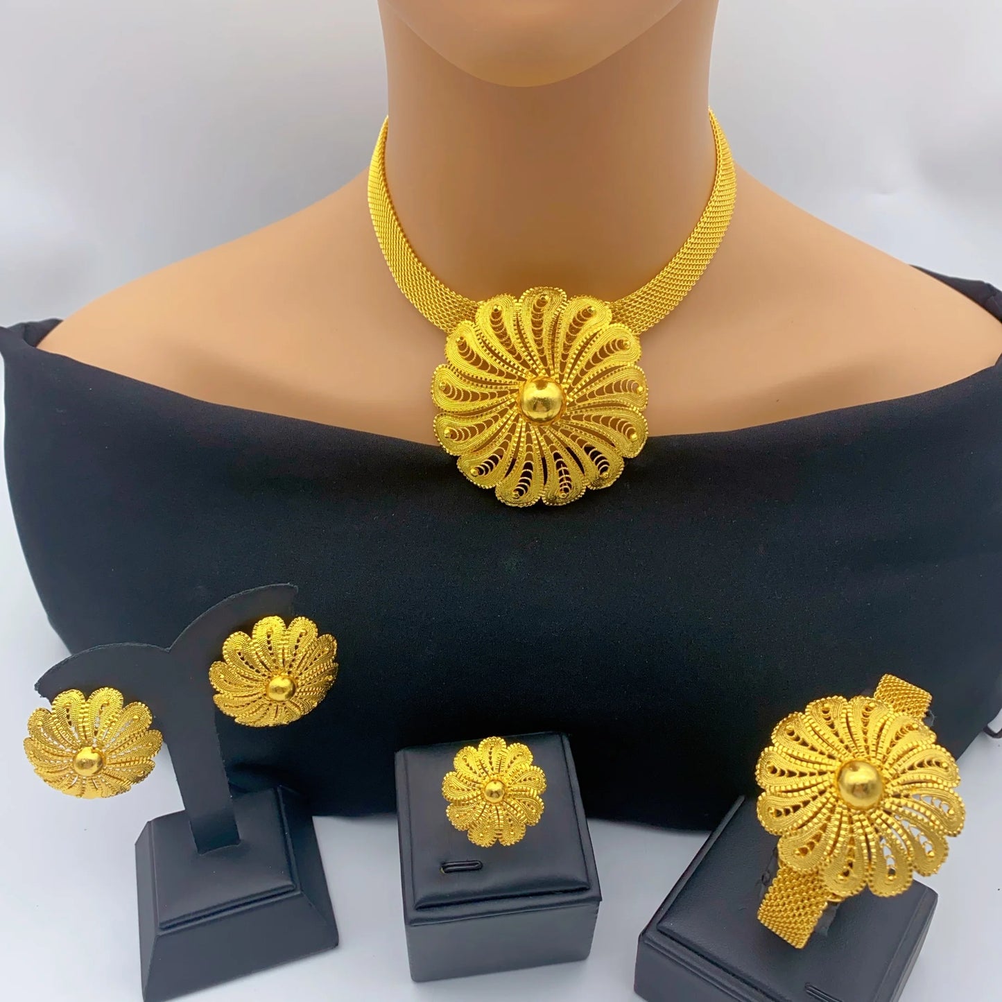 Luxury Ethiopian Big Round Necklace And Earrings Jewelry Sets For Women Dubai Bridal 24k Gold Color Set Wedding Party Gifts