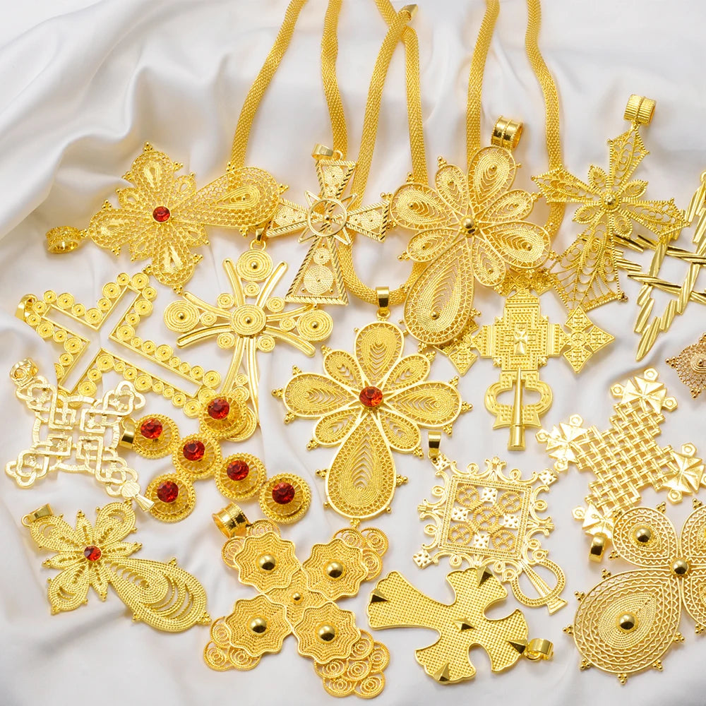 Ethiopian Big Cross Pendant Necklaces for Women  Gold Color Eritrean African Ethnic Traditional Jewelry