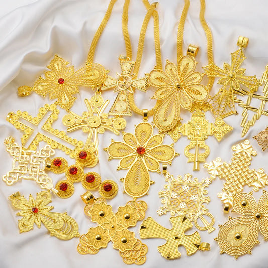 Ethiopian Big Cross Pendant Necklaces for Women  Gold Color Eritrean African Ethnic Traditional Jewelry