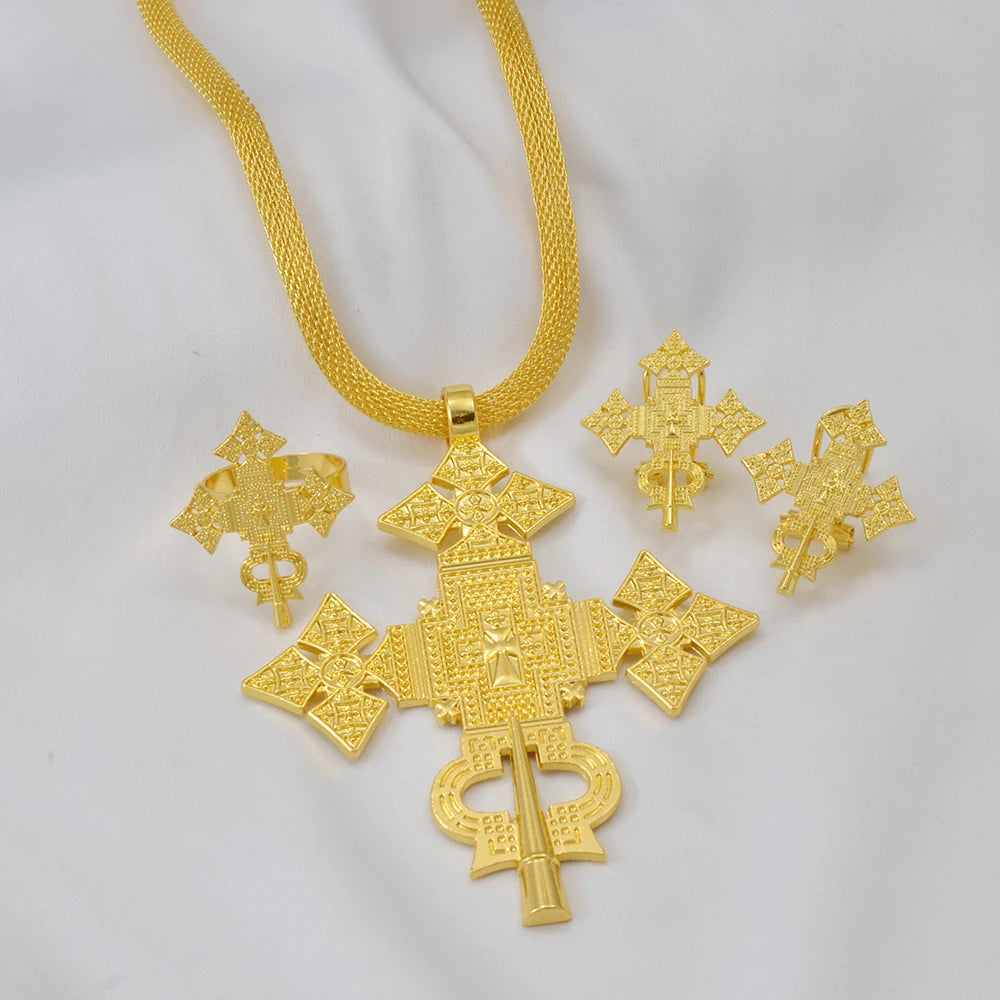 Ethiopian Jewelry Sets Big Cross Pendant Hollow Necklaces Earrings Rings Habesha Eritrean African Wedding