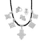 Ethiopian Cross Pendant Black Rope Earrings Ring Sets African Eritrean Religion Wedding Party