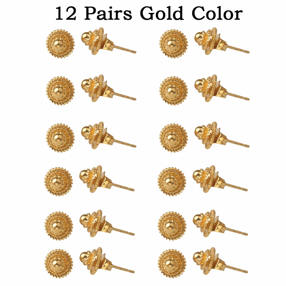 12Pairs,Gold Color/Silver Color Ethiopian Small Stud Earrings for Baby African Jewelry