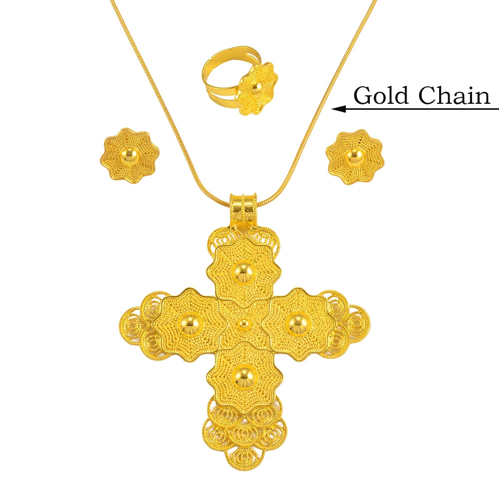 Ethiopian Large Pendant Necklaces Earrings Ring Gold Color Jewelry sets African Eritrean Traditional Ethnic Goods