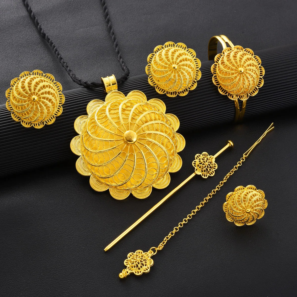 Ethiopian Gold Color Jewelry Sets Big Pendant Necklace Earrings Bracelet Rings  Gift Bride Wedding Party