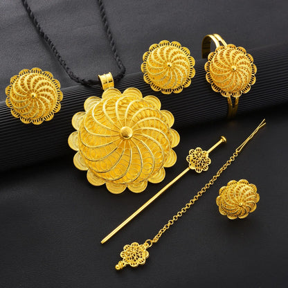 Ethiopian Gold Color Jewelry Sets Big Pendant Necklace Earrings Bracelet Rings  Gift Bride Wedding Party