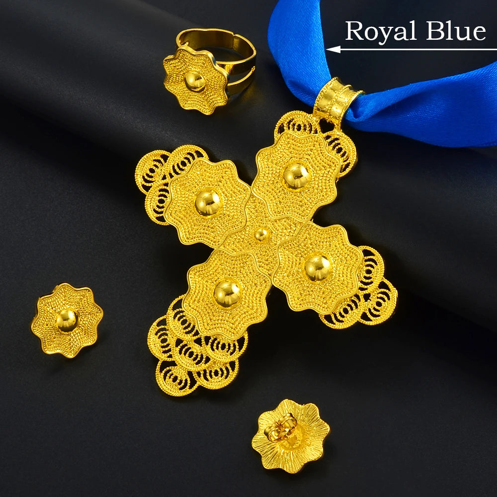 Ethiopian Large Pendant Necklaces Earrings Ring Gold Color Jewelry sets African Eritrean Traditional Ethnic Goods