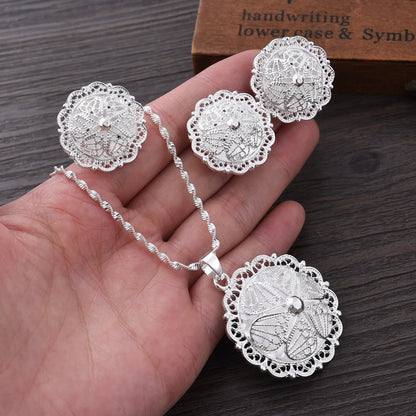 Silver Plated Fashion Ethiopian Big Size Earrings/Pendant/Ring Jewelry Sets Silver Plate Africa Bride Wedding Eritrea Set Gift