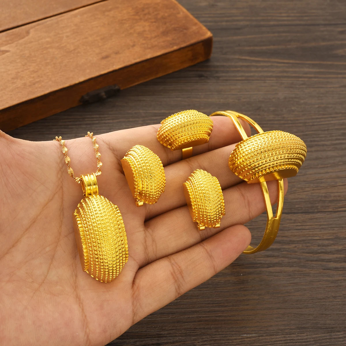 Eritrean Luxury Gold Color Jewelry Sets For Women Ethiopian Pendant Earrings Ring Bracelet Africa Dubai Wedding Accessories Gift