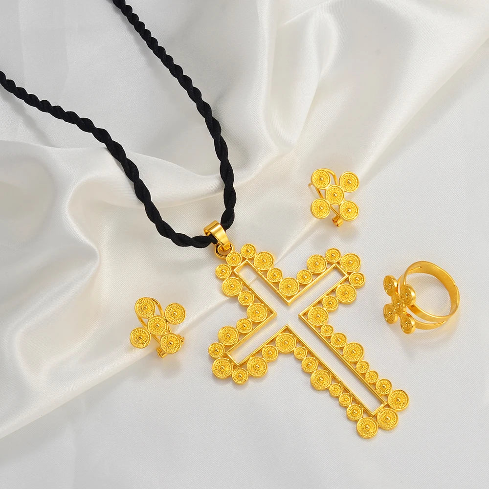 African Cross Necklace Earrings Ring Jewelry Sets Silver & Gold Color Ethiopian Eritrean Holiday Party Ornaments
