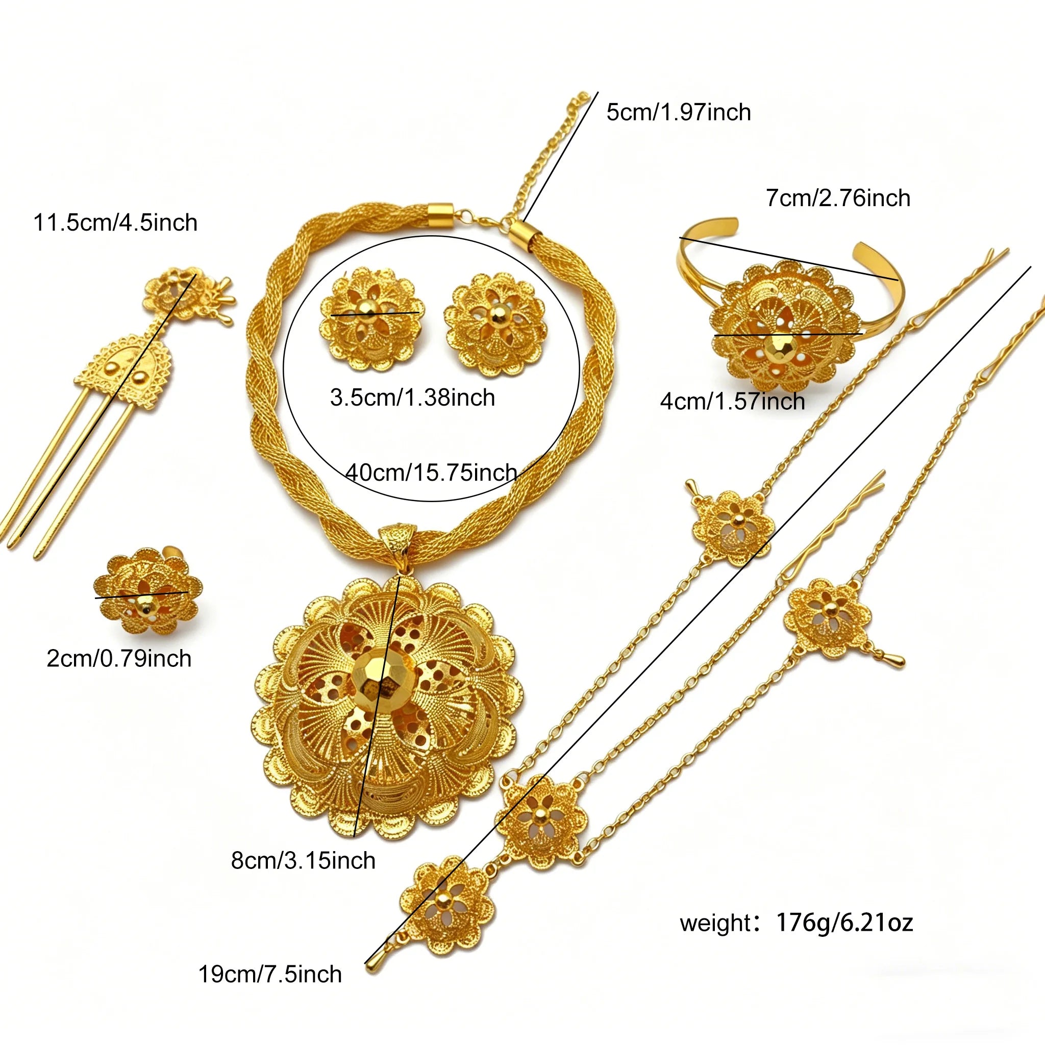 Dubai Ethiopian Twisted Necklace Sets For Women 6pcs Wedding Gold Plated African Jewelry Set Indian Jewellery Anniversary Gifts