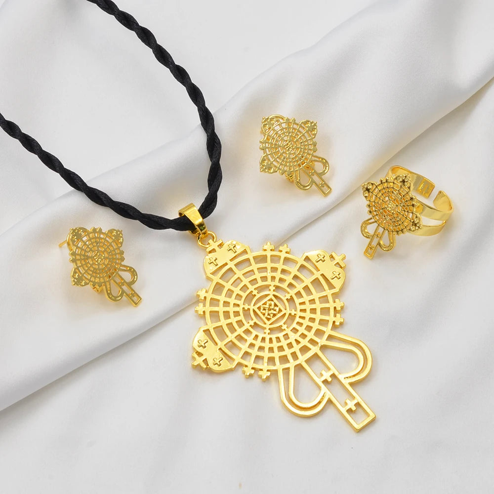 Ethiopian Cross Necklace Earrings Rings African Fashion Jewelry Sets Women  Eritrean Habesha Accessories