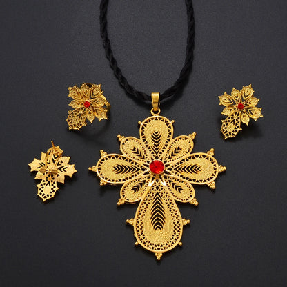 Ethiopian Jewelry sets Cross Pendant Necklaces Earrings Rings Silver/Gold Color African Eritrean Habesha Wedding