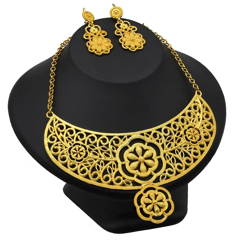 Luxury African Big Jewelry Set For Women Ethiopian Dubai 24K Gold Color Long Necklace Sets Wedding Party Gifts Wholesale