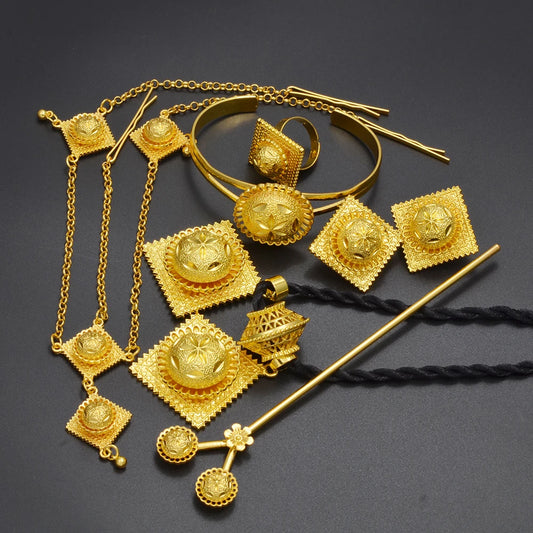 NEW African Wedding Sets Ethiopian Necklaces Earrings Bracelet Ring Hairpin for Women Bridal Engaged Jewelry