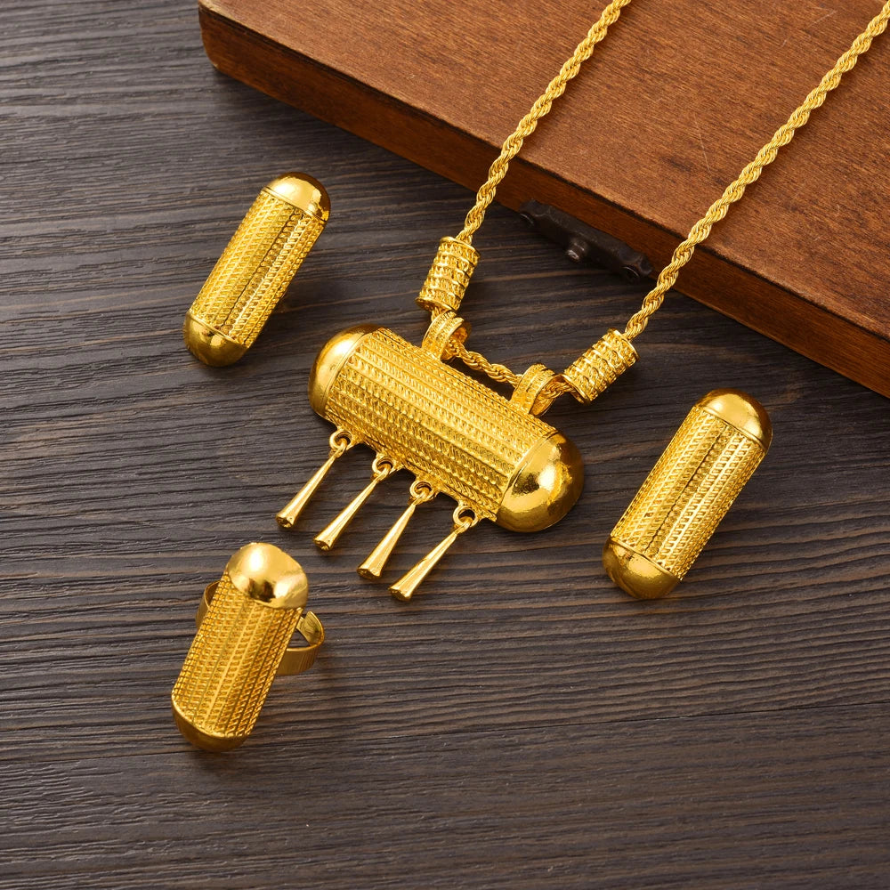 Vintage Gold Plated Ethiopian Cute Earrings/Pendant/Ring Jewelry Sets Africa Bride Wedding Eritrea Classic Gifts