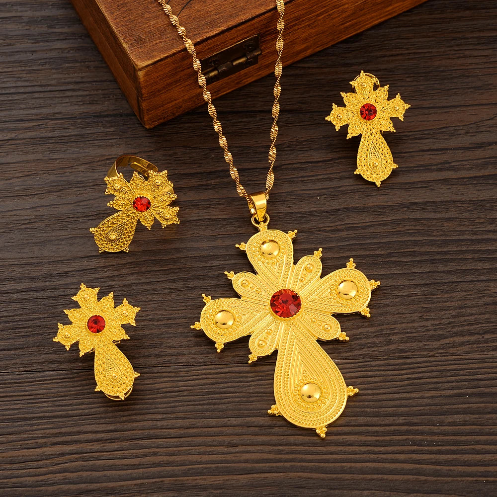 Ethiopian Gold Color Cross Necklace Earring Ring African Bridal Jewellery Set Habesha Party Jewelry