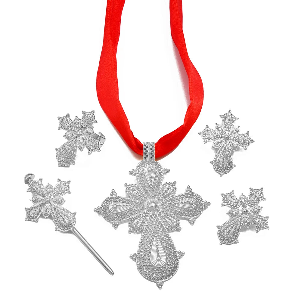 Ethiopian Cross Jewelry sets Silver/Gold Color Necklaces Earrings Ring Hairpin Eritrean African Ethnic Wedding