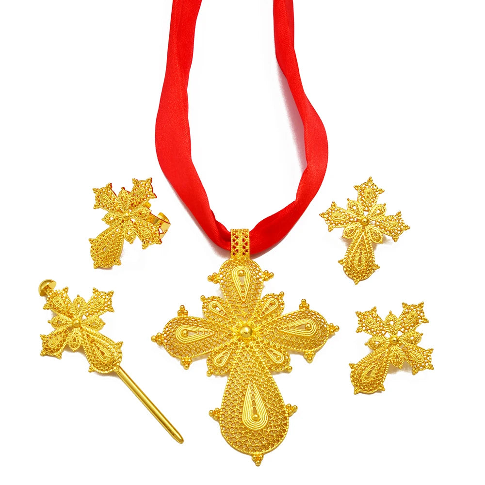 Ethiopian Cross Jewelry sets Silver/Gold Color Necklaces Earrings Ring Hairpin Eritrean African Ethnic Wedding