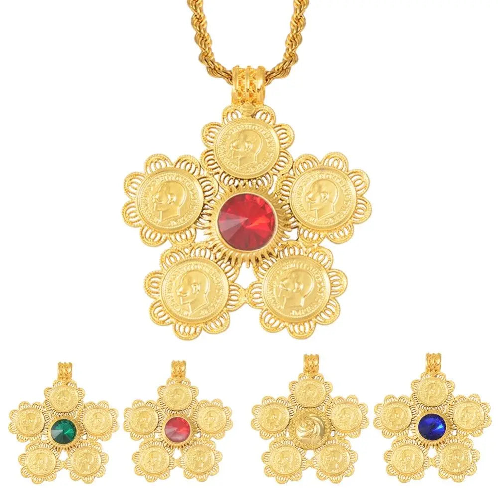 Ethiopia Coins Jewelry Arab Pendant Necklaces Women Ethiopian Wedding Eritrea African Gold Color Coin Jewellery