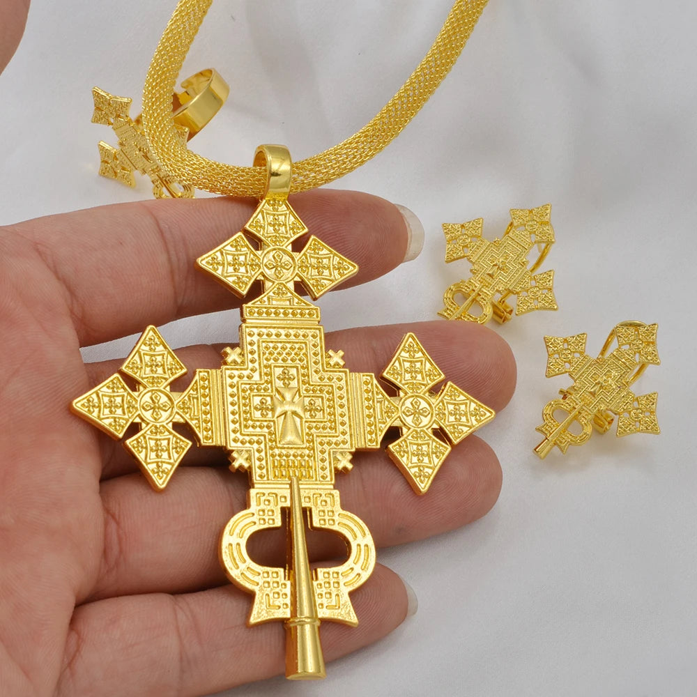 Ethiopian Jewelry Sets Big Cross Pendant Hollow Necklaces Earrings Rings Habesha Eritrean African Wedding