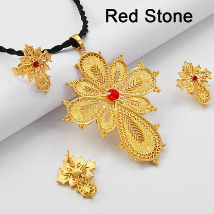 Ethiopian Jewelry sets Cross Pendant Necklaces Earrings Rings Silver/Gold Color African Eritrean Habesha Wedding