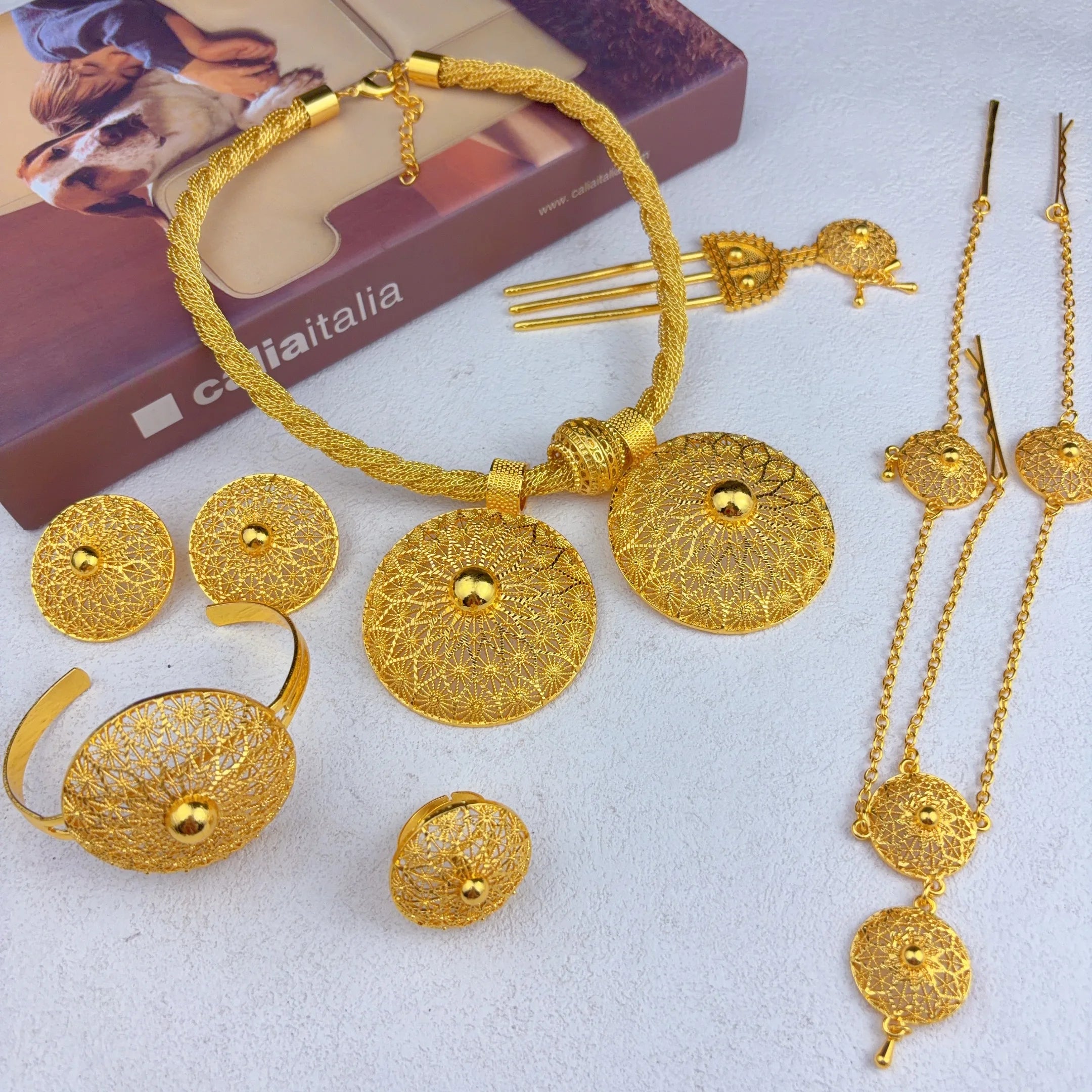 Dubai 24k Gold Plated 6PCS Jewelry Set For Woman African Indian Ethiopian Big Pendant Necklace Wedding Engagement Party Gifts