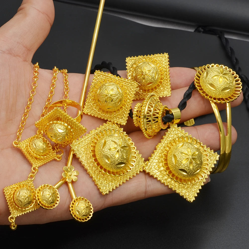 NEW African Wedding Sets Ethiopian Necklaces Earrings Bracelet Ring Hairpin for Women Bridal Engaged Jewelry