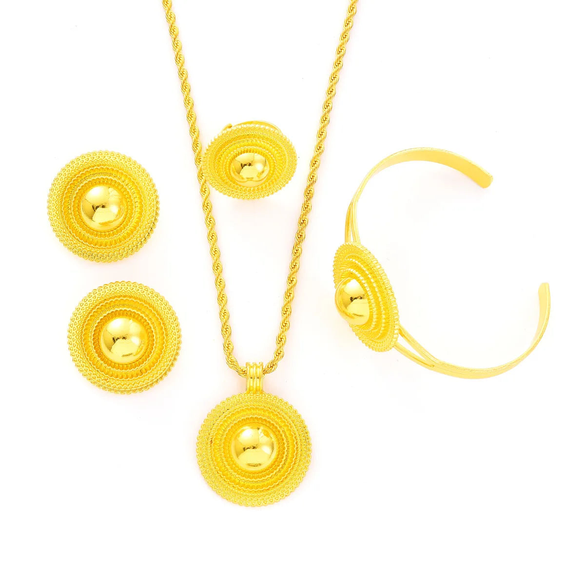 Africa Gold Color Round Geometry Jewelry Set Dubai Pendant Necklace Ring Earrings Arab Ethiopian Bride Wedding Party Gifts