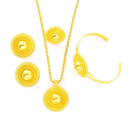 Africa Gold Color Round Geometry Jewelry Set Dubai Pendant Necklace Ring Earrings Arab Ethiopian Bride Wedding Party Gifts