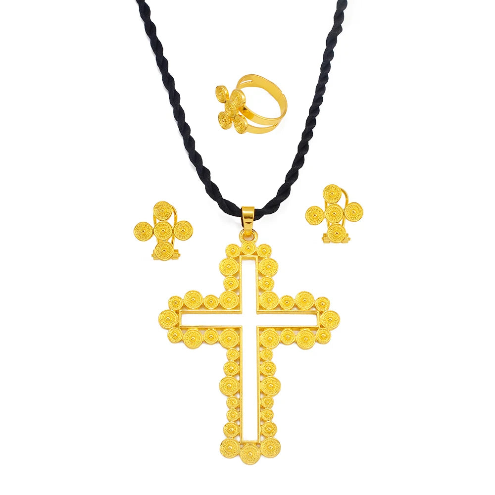 African Cross Necklace Earrings Ring Jewelry Sets Silver & Gold Color Ethiopian Eritrean Holiday Party Ornaments