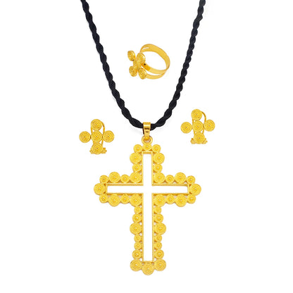 African Cross Necklace Earrings Ring Jewelry Sets Silver & Gold Color Ethiopian Eritrean Holiday Party Ornaments