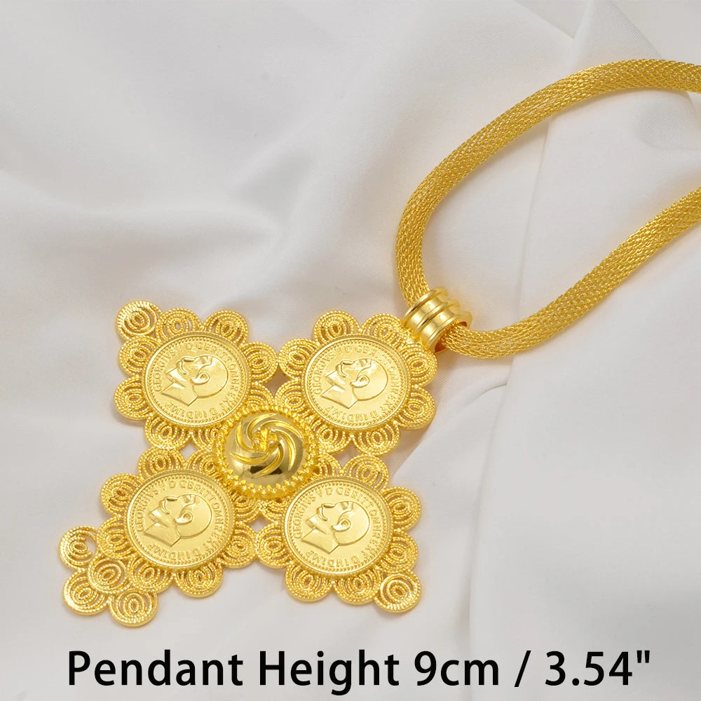 Ethiopian Big Cross Pendant Necklaces for Women  Gold Color Eritrean African Ethnic Traditional Jewelry