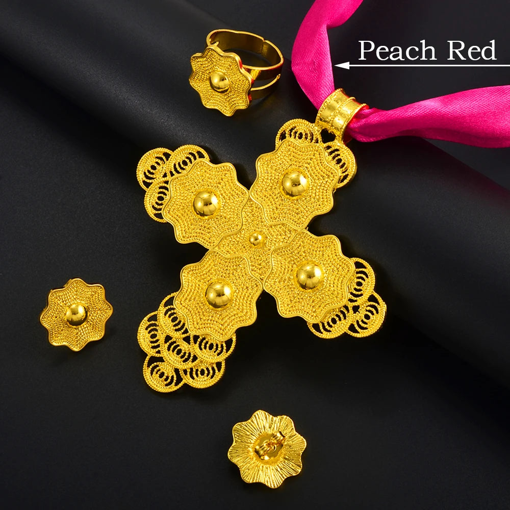 Ethiopian Large Pendant Necklaces Earrings Ring Gold Color Jewelry sets African Eritrean Traditional Ethnic Goods