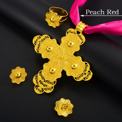 Ethiopian Large Pendant Necklaces Earrings Ring Gold Color Jewelry sets African Eritrean Traditional Ethnic Goods
