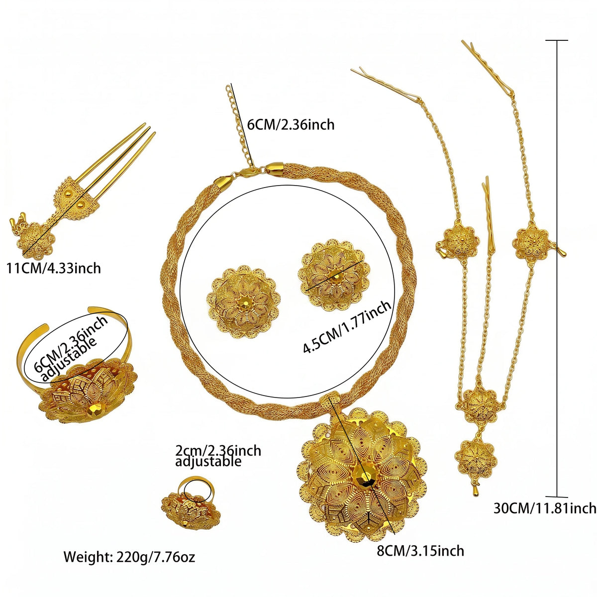 Ethiopian Gold Plated 6PCS Jewelry Set For Woman Big Pendant Necklace Wedding Engagement Gifts