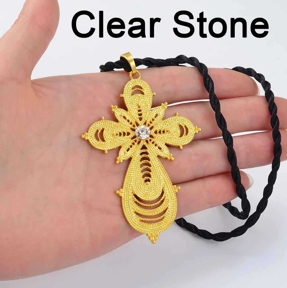 7.6CM Ethiopian Big Cross Pendant Black Rope for Women ,Eritrean Wedding Jewelry African Crosses