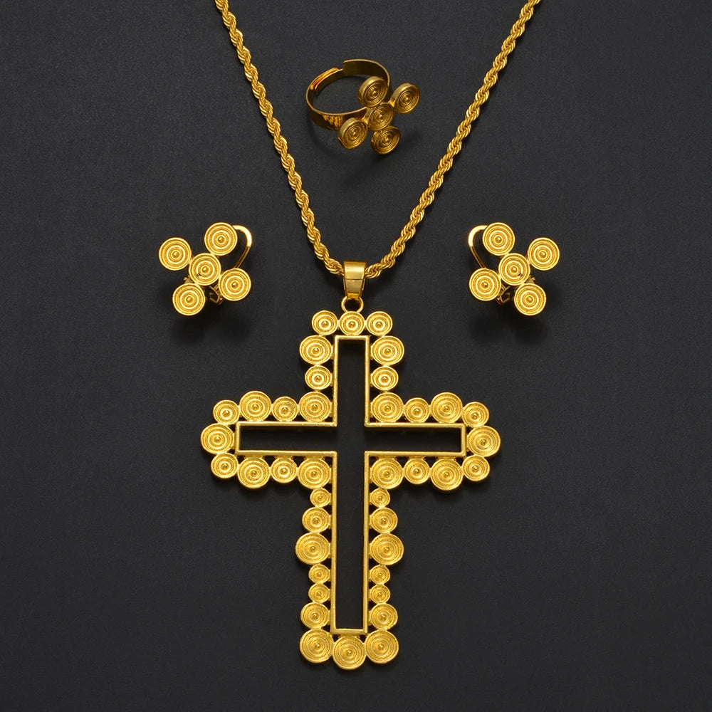 African Ethiopian Eritrean Cross Jewelry Sets Women Gold/Silver Color Pendant Necklaces Earrings Rings Saudi Arabia