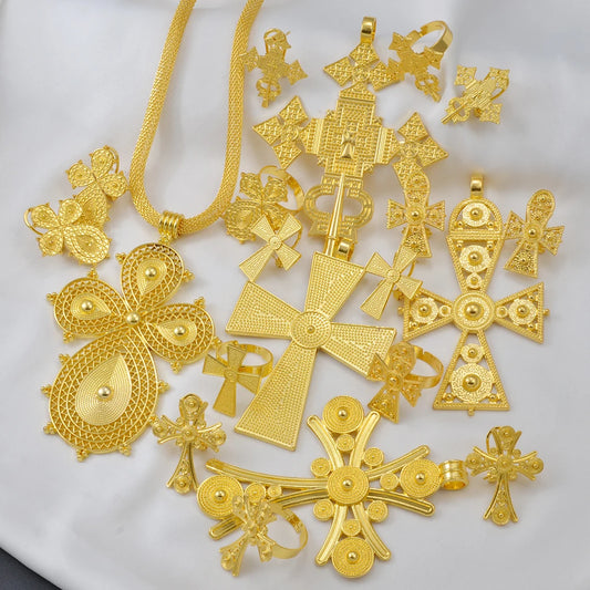 Ethiopian Jewelry Sets Big Cross Pendant Hollow Necklaces Earrings Rings Habesha Eritrean African Wedding