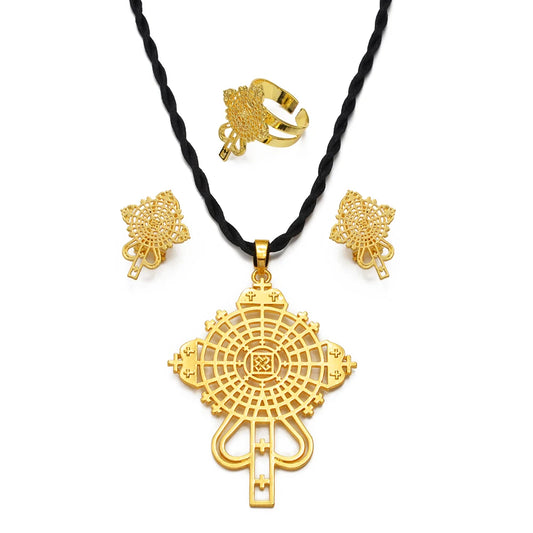 Ethiopian Cross Necklace Earrings Rings African Fashion Jewelry Sets Women  Eritrean Habesha Accessories